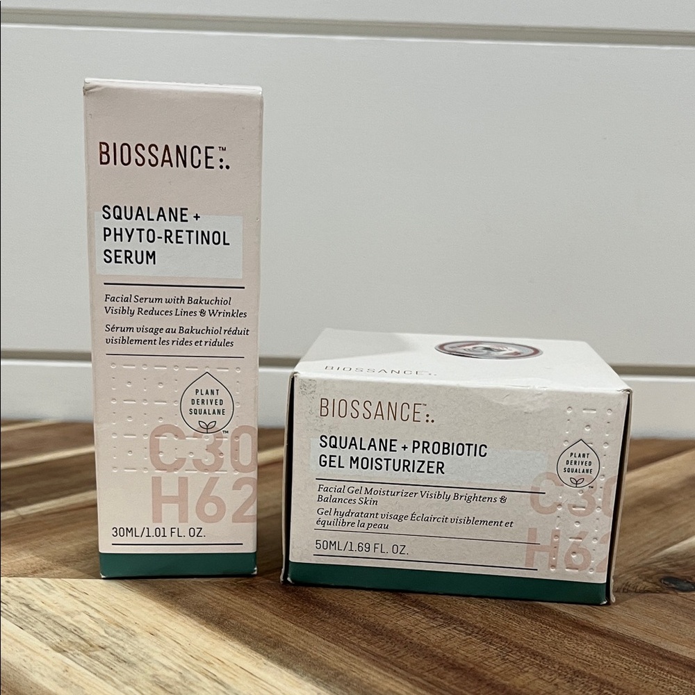 Biossance Squalane Gel Moisturizer and Retinol Serum Lot 2 full size products